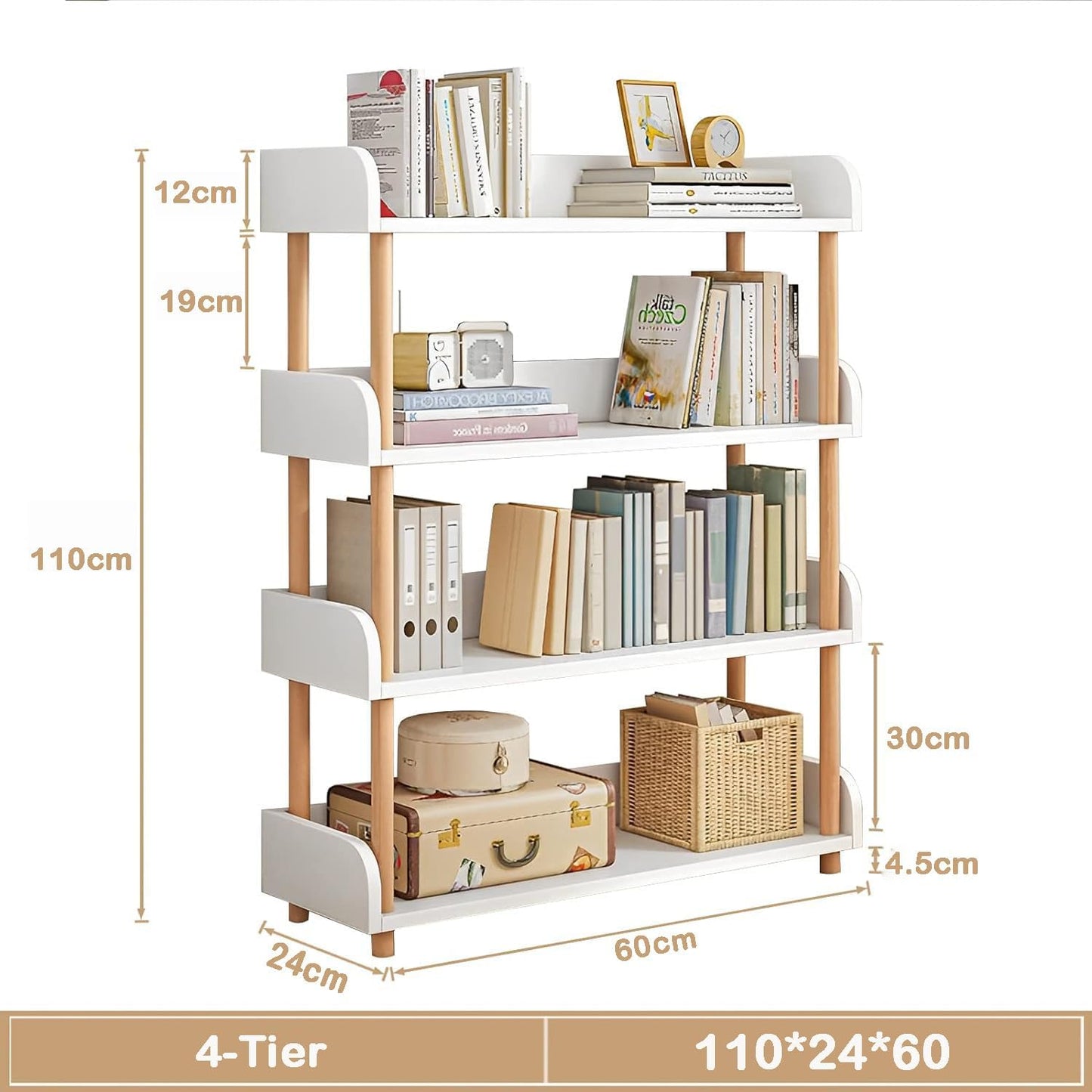 U-HOOME 4-Tier Open Bookshelf -Freestanding Bookcase,Book Shelf Book Rack,Wood Storage Shelves Display Stand with Top Edge and Solid Wood Frame for Living Room,Home Office,Storage Cabinet