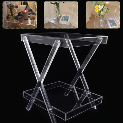 Rose Acrylic - 2-Tier Acrylic Folding Tray Table,Space Saving Side Table Modern Foldable Furniture,Snack Eating Tables for Living Room Bathroom Bedroom Office Balcony Kitchen