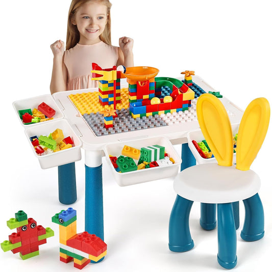 ORCHID M Kids Multi-Functional Educational Block Table and 1 Chair Set （Include 300 pcs building blocks）– Kids Multi Activity Building Block Table Toy with Storage; kids study table and chair