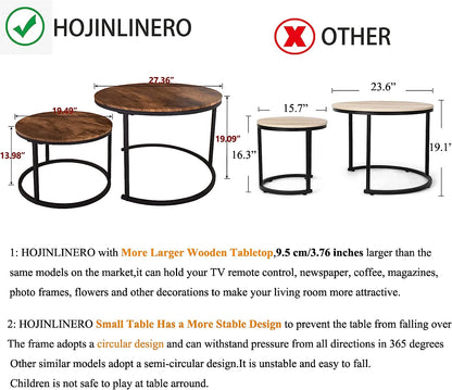 HOJINLINERO Nesting Round Coffee Table Set of 2 End Tables for Living Room,Grey Coffee Table Wooden Accent Furniture with Metal Frame,Stacking Side Tables,Black+Warm Grey