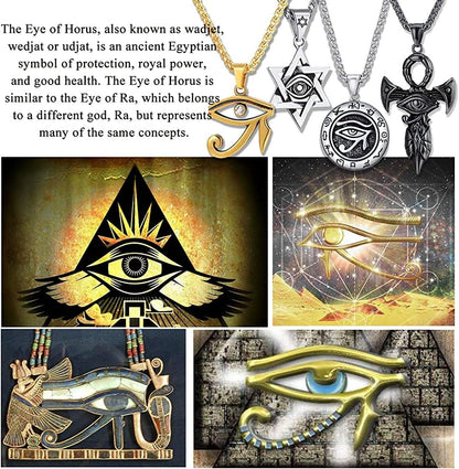 U7 Ancient Egyption Jewelry Stainless Steel 18K Gold Plated Eye of Horus Necklace, Ankh Cross Pendant, Men Women Fashion Jewelry with Chain 22 Inch, Send Gift Box