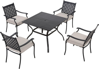 LOKATSE HOME 5 Piece Outdoor Dining Set Patio Chairs Square Table with Umbrella Hole, Beige