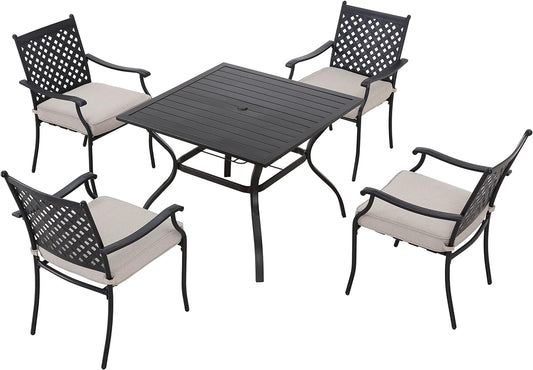 LOKATSE HOME 5 Piece Outdoor Dining Set Patio Chairs Square Table with Umbrella Hole, Beige