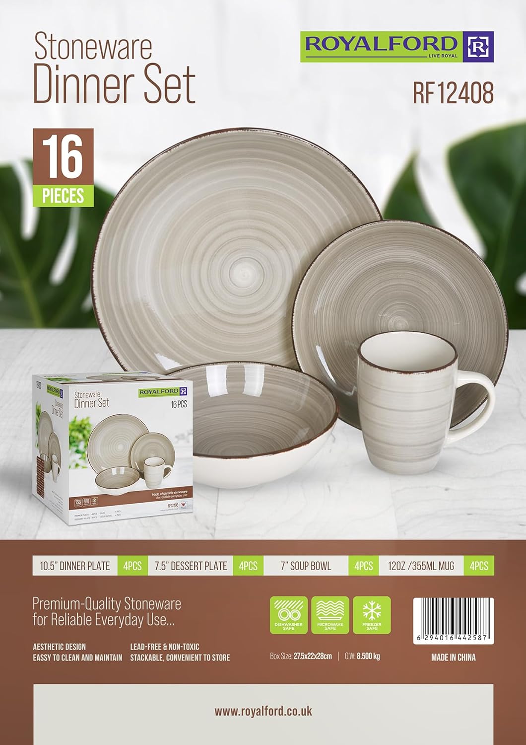 Royalford 16pcs Stoneware Dinner Set RF12408 Includes Dinner and Dessert Plates, Soup Bowls and Mugs Dishwasher-Safe, Microwave-Safe and Freezer-Safe Food-Grade Grey