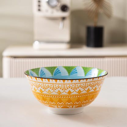 Techplus Set of 4 Geometric Pattern Ceramic Bowls – 6.25 Inch Yellow and Blue Design – Microwave, Dishwasher, Oven Safe – Perfect for Salads, Pasta, Soup – Stylish Gift for Kitchen Lovers