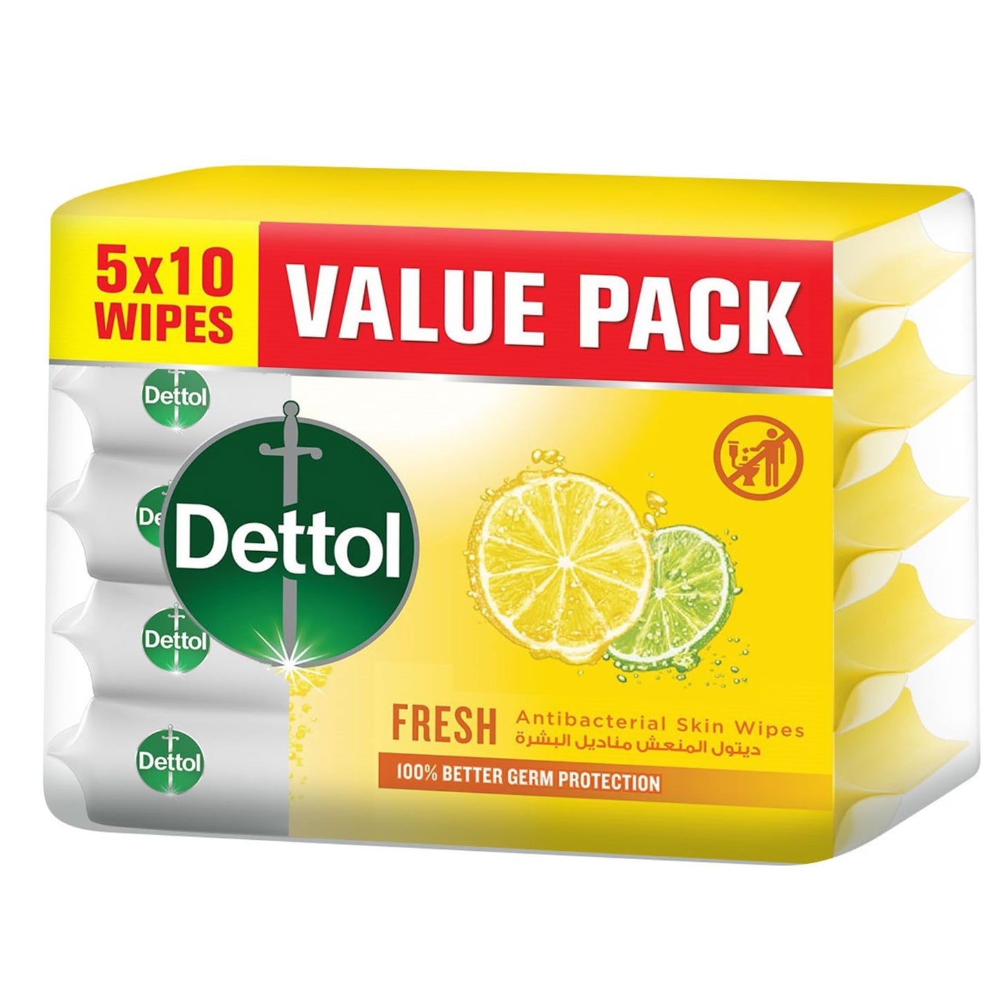 Dettol Fresh Antibacterial Skin Wipes for Use on Hands, Face, Neck etc, Protects Against 100 Illness Causing Germs, Pack of 50 Water Wipes