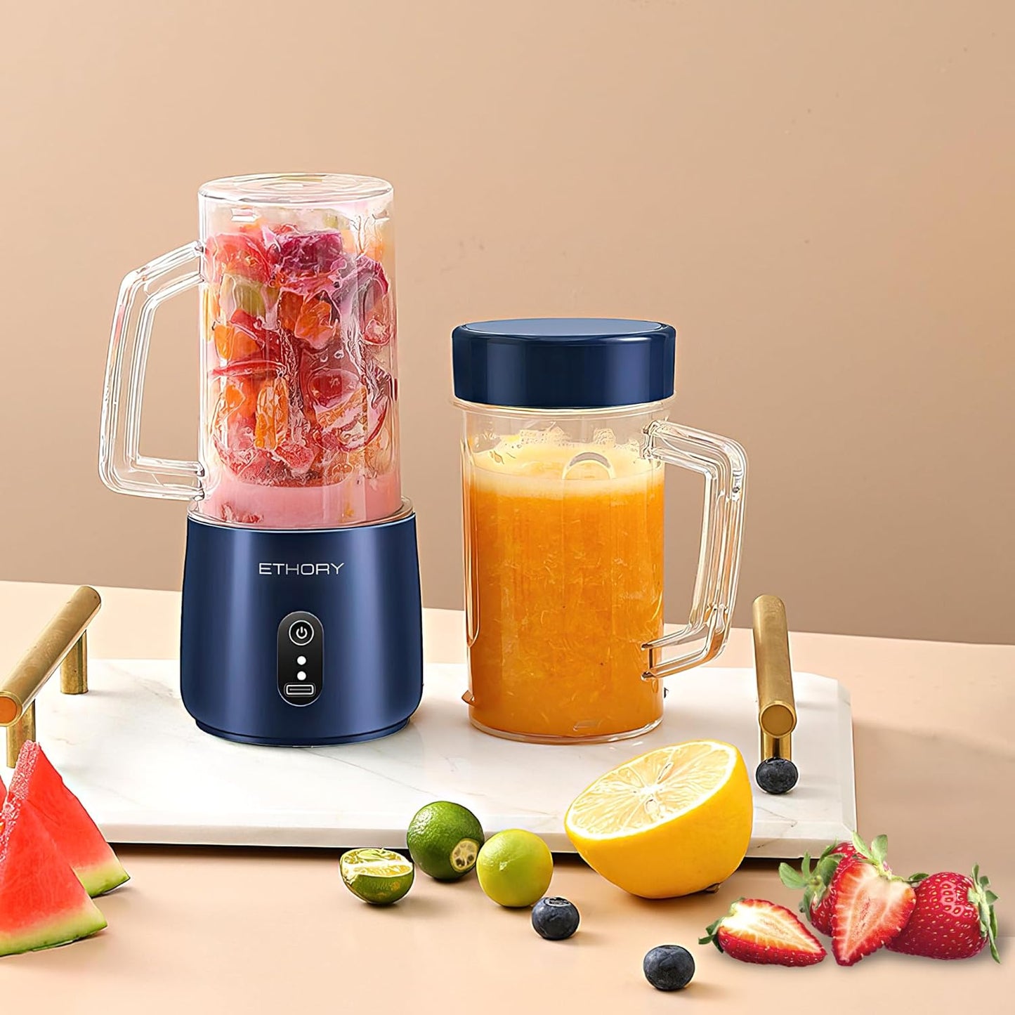 ETHORY Portable Mini Blender, Wireless Juicer Cup Smoothie Maker with 6 Blades, USB Rechargeable Fruit Juice Mixer 90W 380ML, with 1500mAh Rechargeable Battery (Blue)