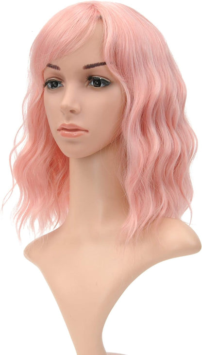 VCKOVCKO Ombre Color Natural Wavy Bob Wig With Air Bangs Short Bob Wigs Women's Shoulder Length Wigs Black to Pink Purple Curly Wavy Synthetic Cosplay for Girl Colorful Wigs(12",Black to WineRed)