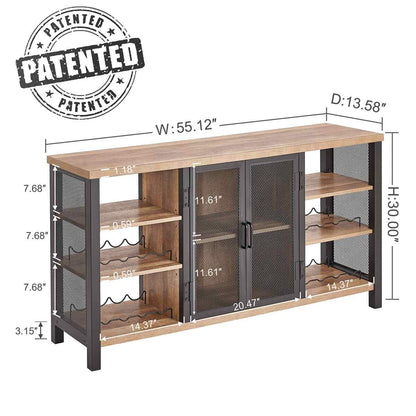 FATORRI Industrial Wine Bar Cabinet for Liquor and Glasses, Farmhouse Wood Coffee Cabinet with Wine Rack, Metal Sideboard and Buffet Cabinet (55 Inch, Rustic Oak)