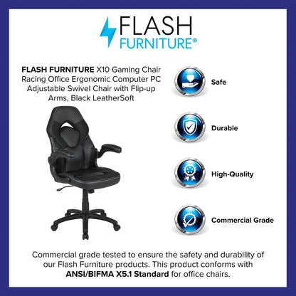 Flash Furniture X10 Gaming, Racing Office Ergonomic Computer PC Adjustable Swivel Chair with Flip-up Arms, Gray/Black LeatherSoft