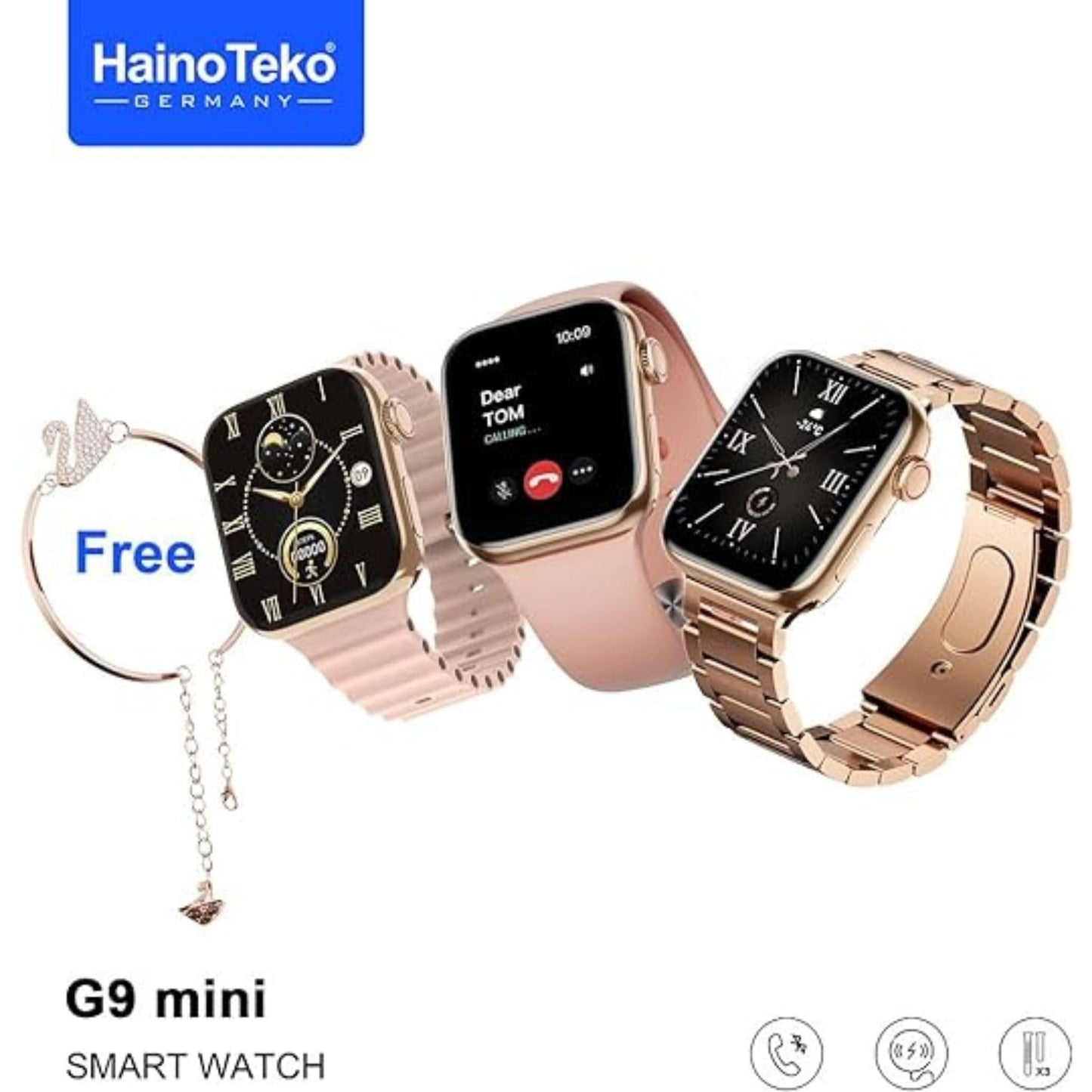 Premium G9 Mini Rose Gold Edition Ladies Smart Watch with Three Set Strap and Stylish Bracelet Combo