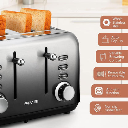 Toaster 4 Slice, FIMEI Stainless Steel Toaster with Extra Wide Slot, Automatic Toaster, Compact Bagel Toaster, 7 Browning Setting with Defrost/Reheat/Cancel Function, Removable Crumb Tray (Gradient)