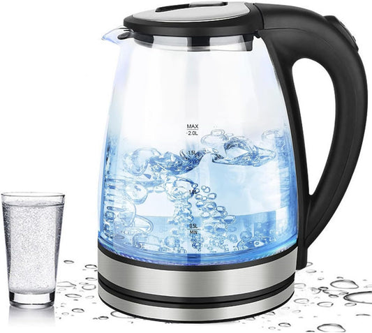 AquaFalcon Electric Kettle, 2.0L Electric Tea Kettle with LED Illuminated and High Borosilicate Glass, Hot Water Kettle with Filter, BPA Free, Auto Shutoff, Boil-Dry Protection, Cordless, 360° Base