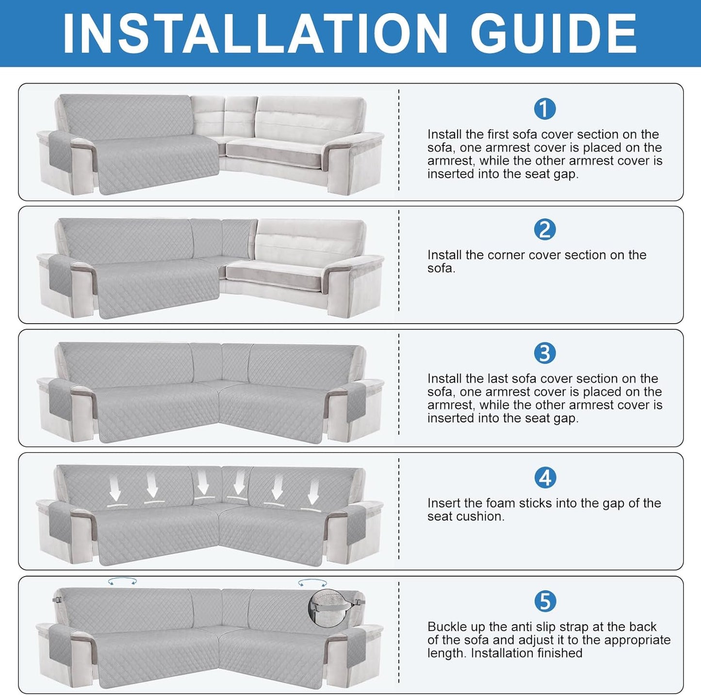 ALIECOM 100% Waterproof Corner Sectional Couch Covers L Shape Sofa Cover Washable 3 Piece Quilted U Shaped Sectional Slipcover Set Anti Slip Furniture Protector for Pets Dogs Cat (Silver Gray, Large)