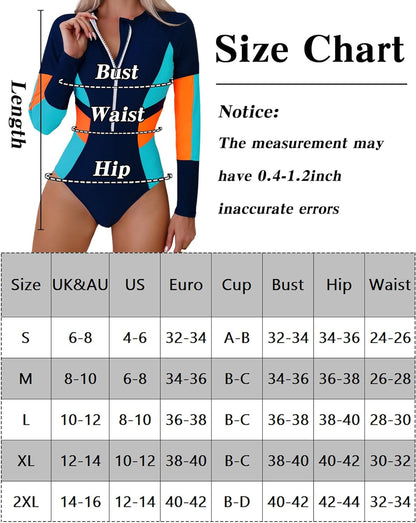 Maeau Women's Long Sleeve Rash Guard UV Protection Zipper Printed Surfing One Piece Swimsuit Bathing Suit