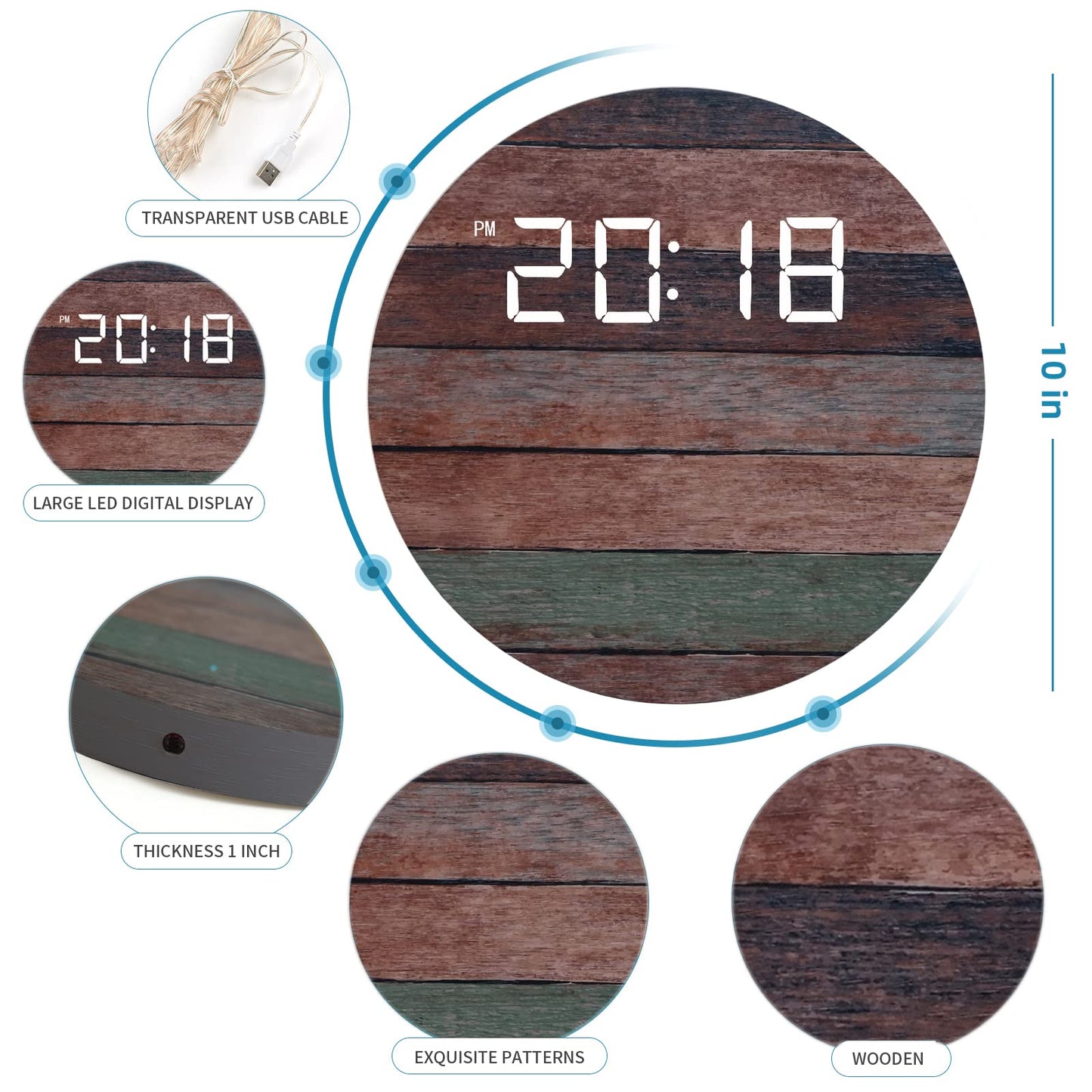 DMDMBSR Digital Wall Clock, USB Powered Vintage Plank Striped Rattan Design, 12/24Hr Wall Mounted Digital Clock, LED Wooden Silent Wall Clock for Kitchen Living Room Bedroom Classroom Office (10 in)