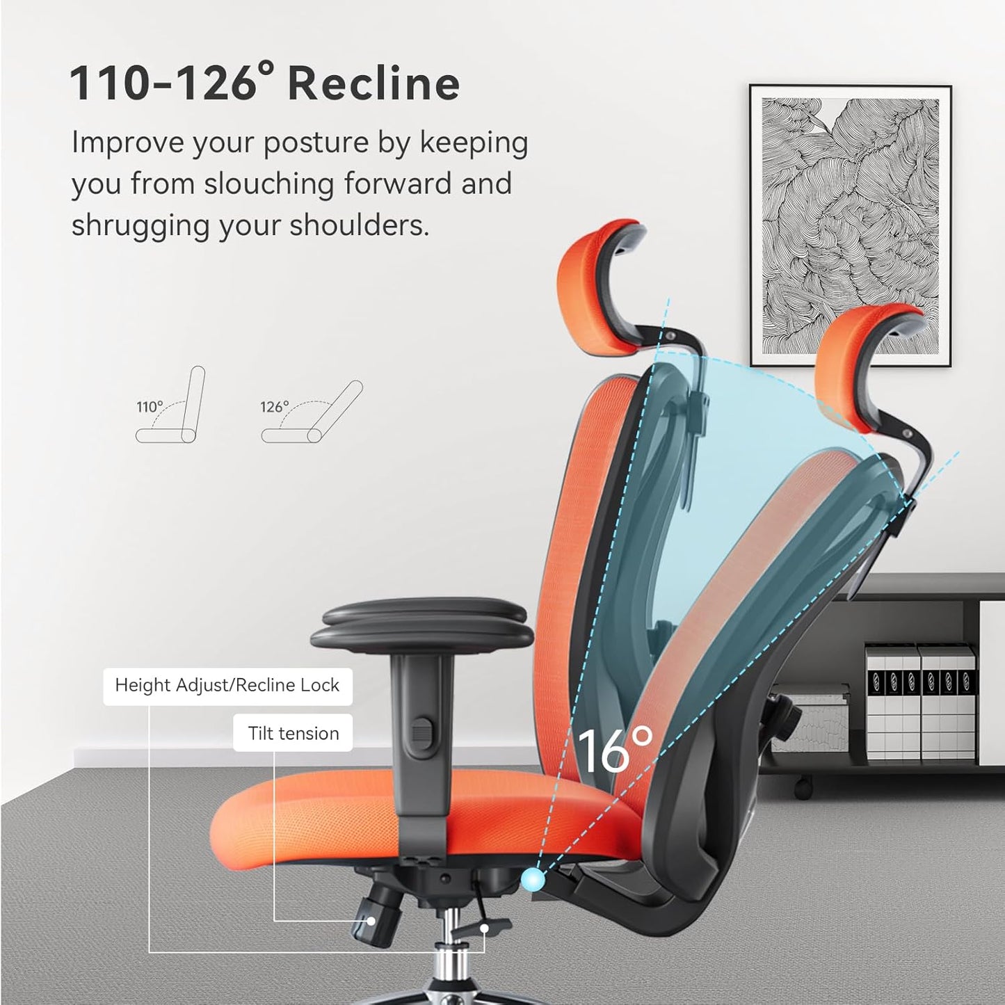 SIHOO M18 Ergonomic Office Chair, Computer High Back Desk Chair with 2D Armrest, Adjustable Headrest, Lumbar Support and Comfortable Thick Cushion.(Orange)