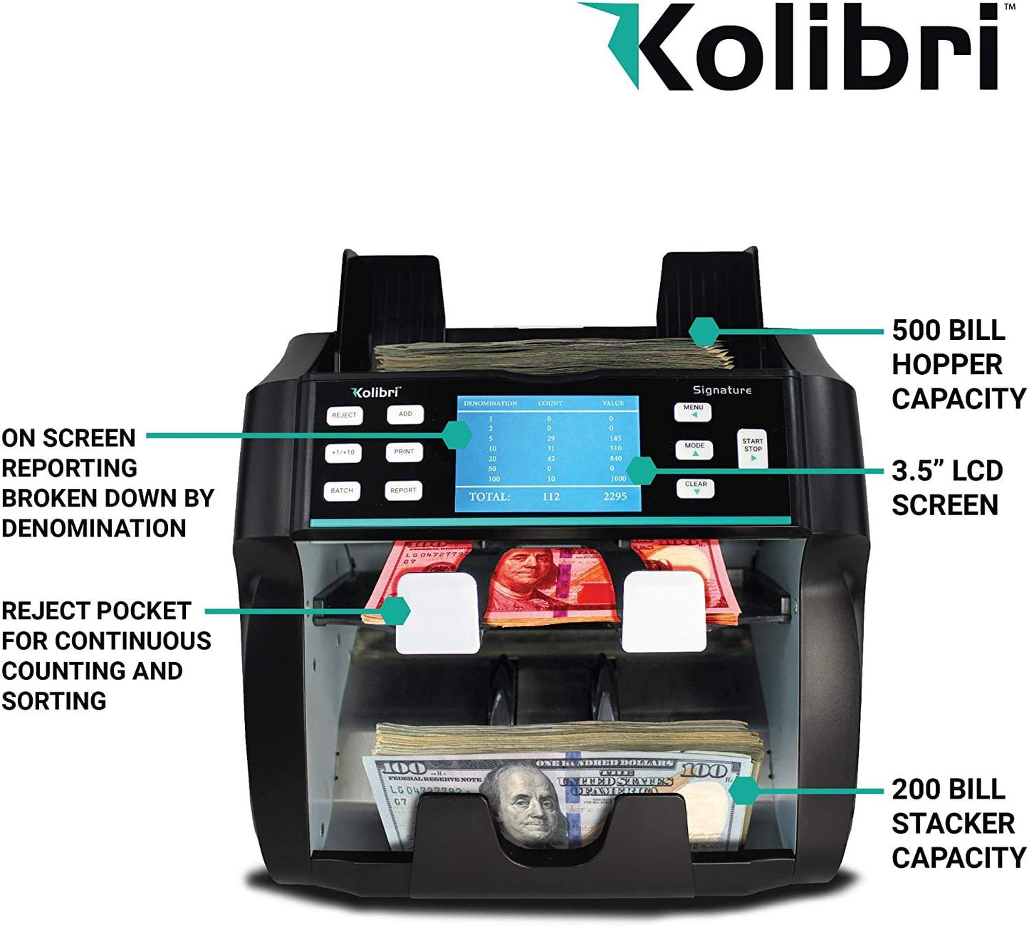 Kolibri Signature 2 Pocket Bank Grade Mix Value Counter and Sorter Machine for 5 Currency (AED-USD-SAR-OMR-EUR), Counterfeit Currency Detection DUAL CIS,UV,MG IR. Updated UAE (5-10-50-500-1000)