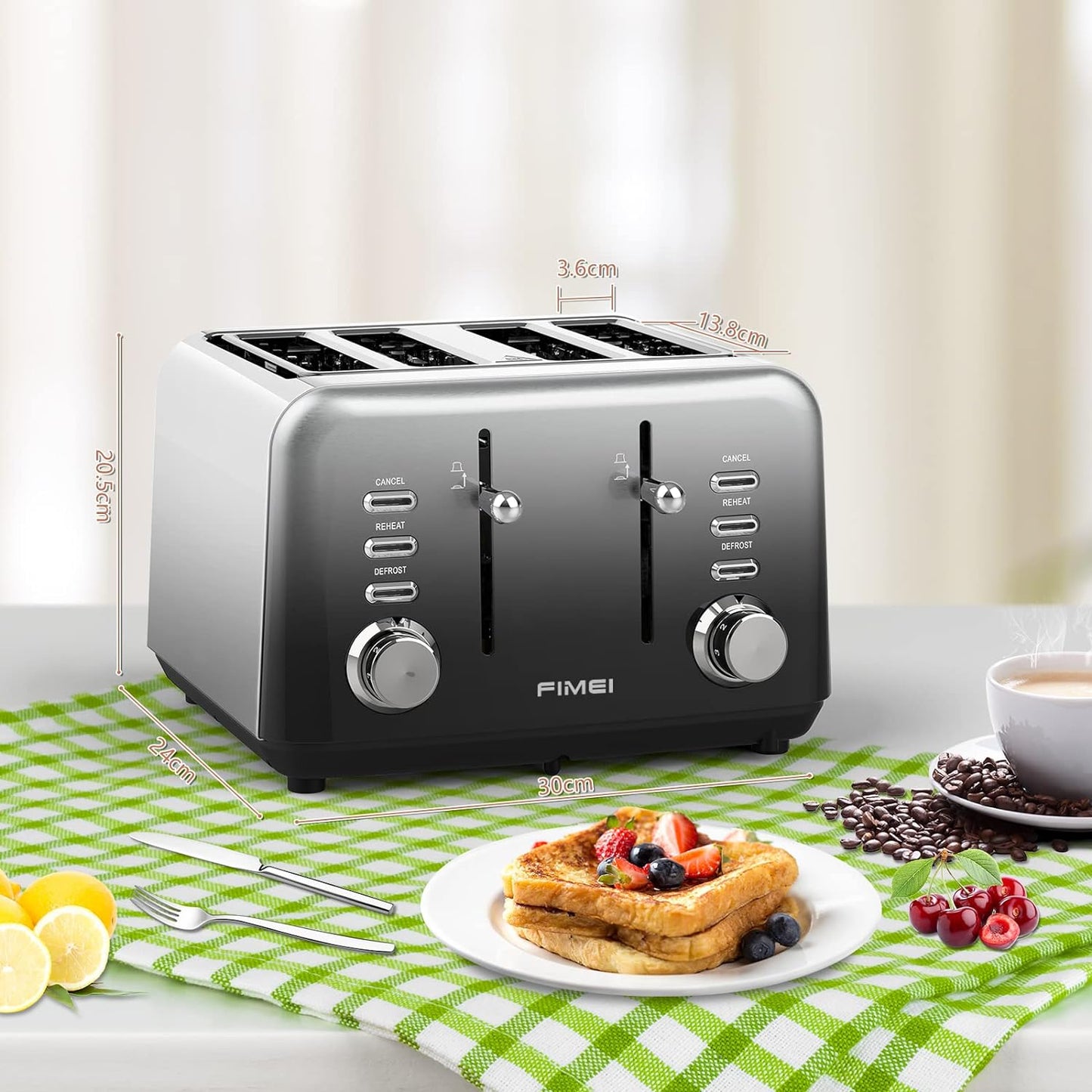 Toaster 4 Slice, FIMEI Stainless Steel Toaster with Extra Wide Slot, Automatic Toaster, Compact Bagel Toaster, 7 Browning Setting with Defrost/Reheat/Cancel Function, Removable Crumb Tray (Gradient)