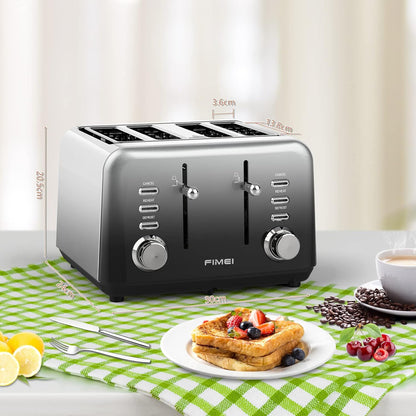 Toaster 4 Slice, FIMEI Stainless Steel Toaster with Extra Wide Slot, Automatic Toaster, Compact Bagel Toaster, 7 Browning Setting with Defrost/Reheat/Cancel Function, Removable Crumb Tray (Gradient)