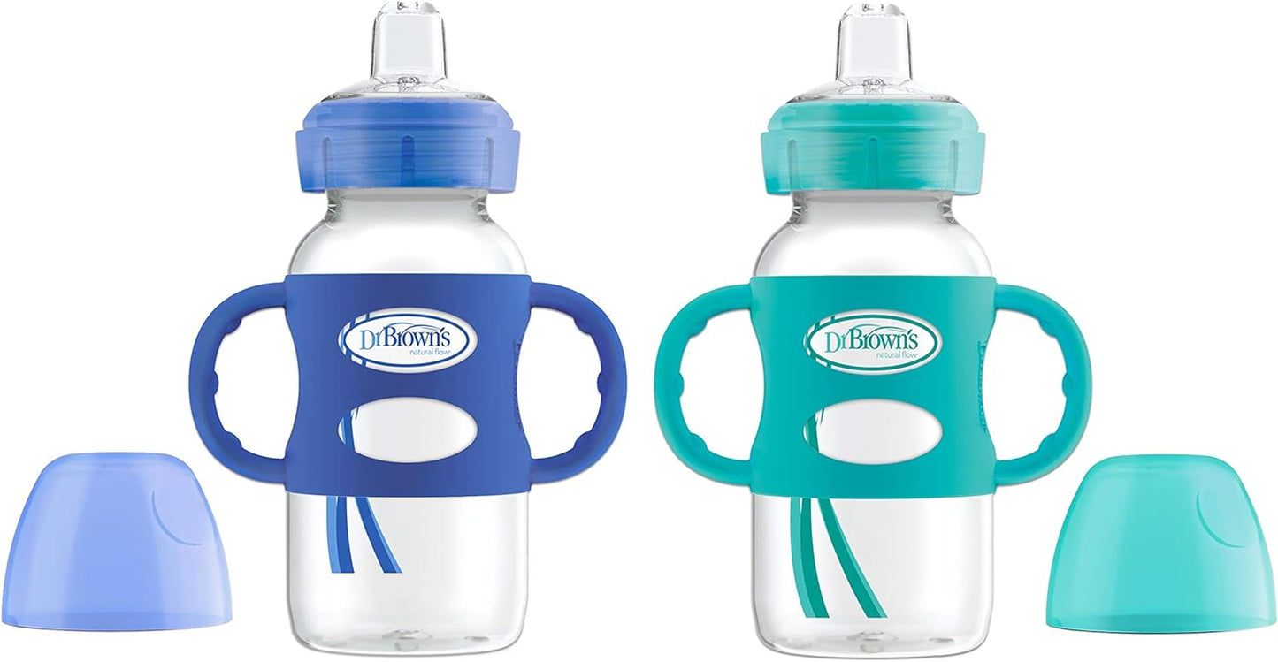 Dr. Brown's Milestones Wide-Neck Transitional Sippy Bottle with Silicone Handles 9 oz/270 mL, Blue, 1-Pack