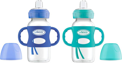 Dr. Brown's Milestones Wide-Neck Transitional Sippy Bottle with Silicone Handles 9 oz/270 mL, Blue, 1-Pack