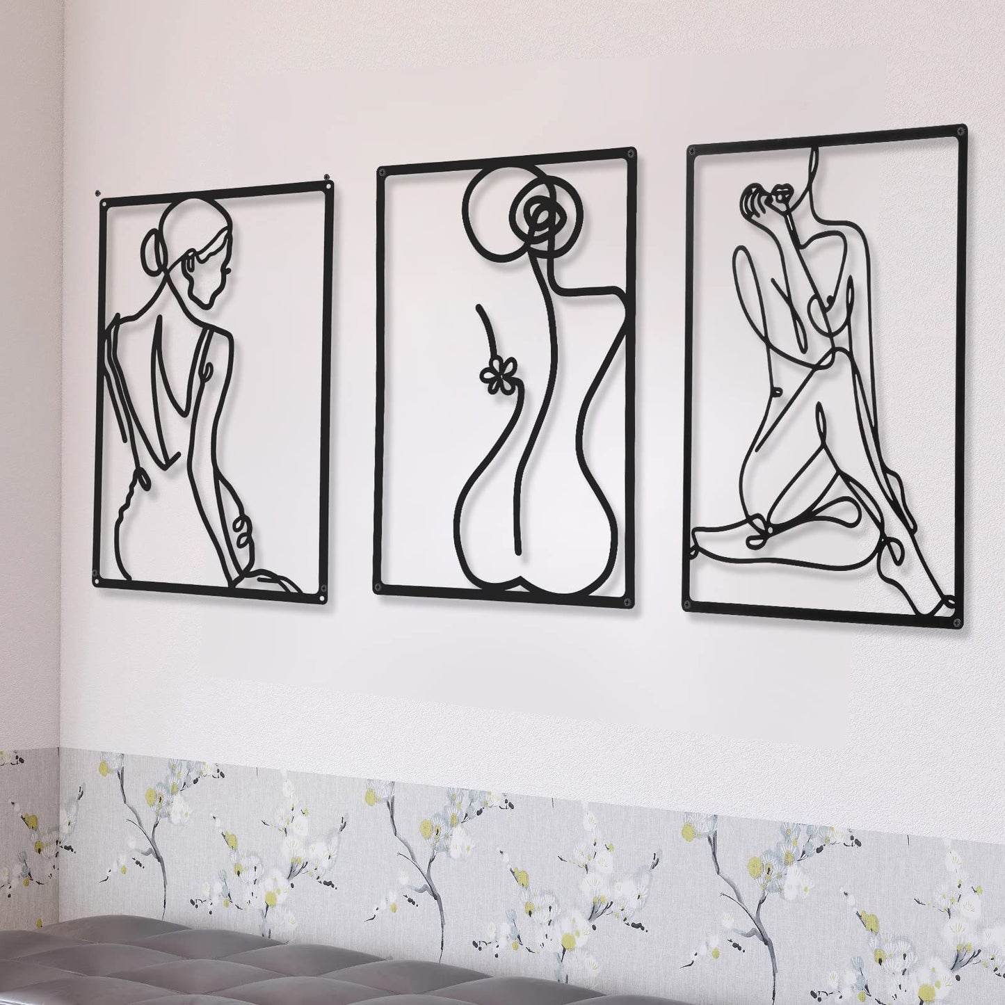 CHENGU 3 Pieces Metal Minimalist Abstract Woman Wall Art Line Drawing Wall Art Decor Single Line Female Home Hanging Wall Art Decor for Kitchen Bathroom Living Room (Black, Hand)