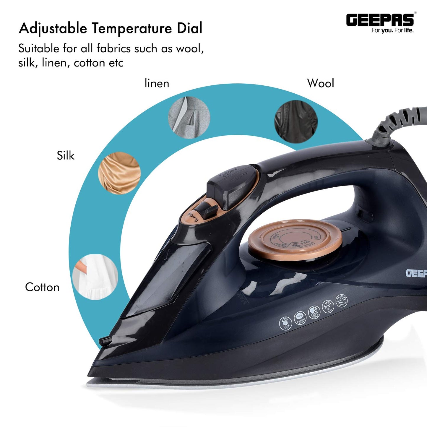 Geepas 2-in-1 Steam Iron, Adjustable Temperature Control, GSI7703 | Dry & Wet Steam Iron | Ceramic Soleplate | Dry/ Steam/ Burst of Steam/ Vertical Steam Function