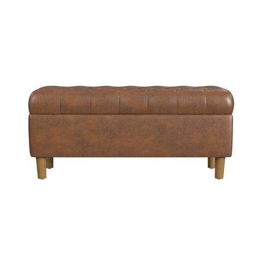 HomePop Home Decor | Tufted Ainsley Button Storage Ottoman Bench with Hinged Lid | Ottoman Bench with Storage for Living Room & Bedroom, Brown Faux Leather