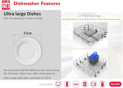 Sharp 12 Place Settings 6 Programs Free Standing Dishwasher, Steel - Qw-Mb612-Ss3 - 1Year Warranty.