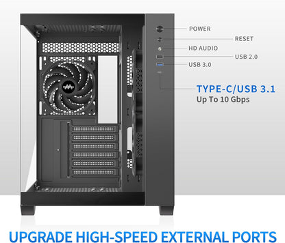 MUSETEX ATX PC Case, 3 x 120mm Fans Pre-Installed, 360MM RAD Support, 270° Full View Tempered Glass Gaming PC Case with Type-C, Mid Tower ATX Computer Case, Black, Y6