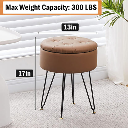 Cpintltr Faux Leather Storage Ottoman Round Footrest Stool Multifunctional Upholstered Ottoman with Metal Legs Modern Vanity Stools Tray Top Coffee Table Suitable for Living Room Bedroom Black