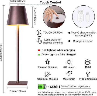 sunseatop Cordless Table Lamp,Rechargeable Black Desk lamp 5000mAh Battery Operated Table Light Metal Shell Touch Lamps for Bedrooms Restaurant Bars Party Camping Coffee Shop