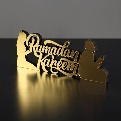 E World | Wooden Acrylic Islamic Tabletop Decors | Ramadan Kareem and Eid Mubarak Decoration | Islamic Muslim Gifts | Ramadan Eid Decoration | (Ramadan Kareem-1, Gold)