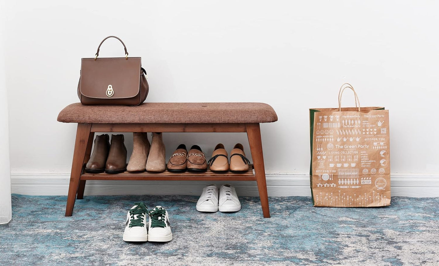 Shoe Entryway Bench, Bamboo Shoe Rack Bench, Organizer with 2 Tier Storage Simple Style Good Load Bearing, Ideal for Entryway Hallway Living Room (Brown)