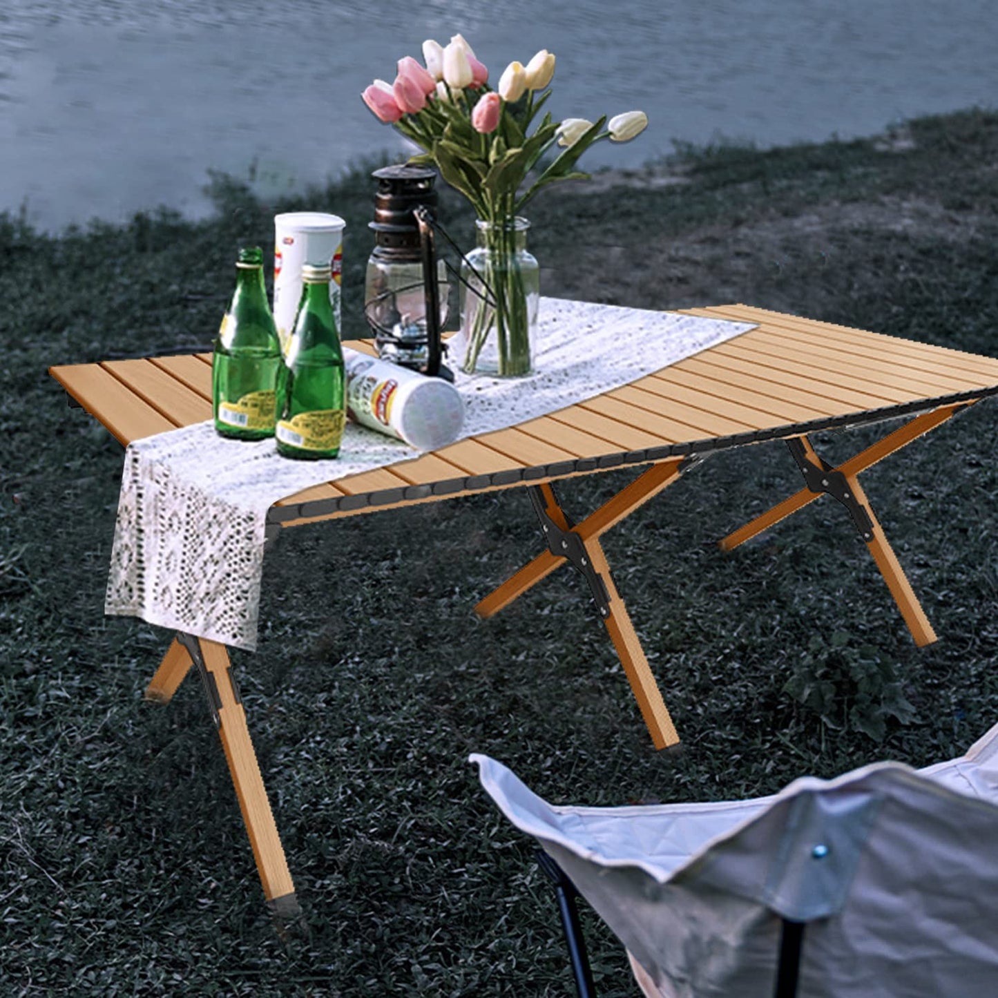 Jorunb Large Foldable Table,Portable Camping Table,Picnic Table,Backpacking Table with Storage Waterproof Pocket,for Outdoor BBQ,Cookout,Picnic,Beach 95 * 55 * 50cm