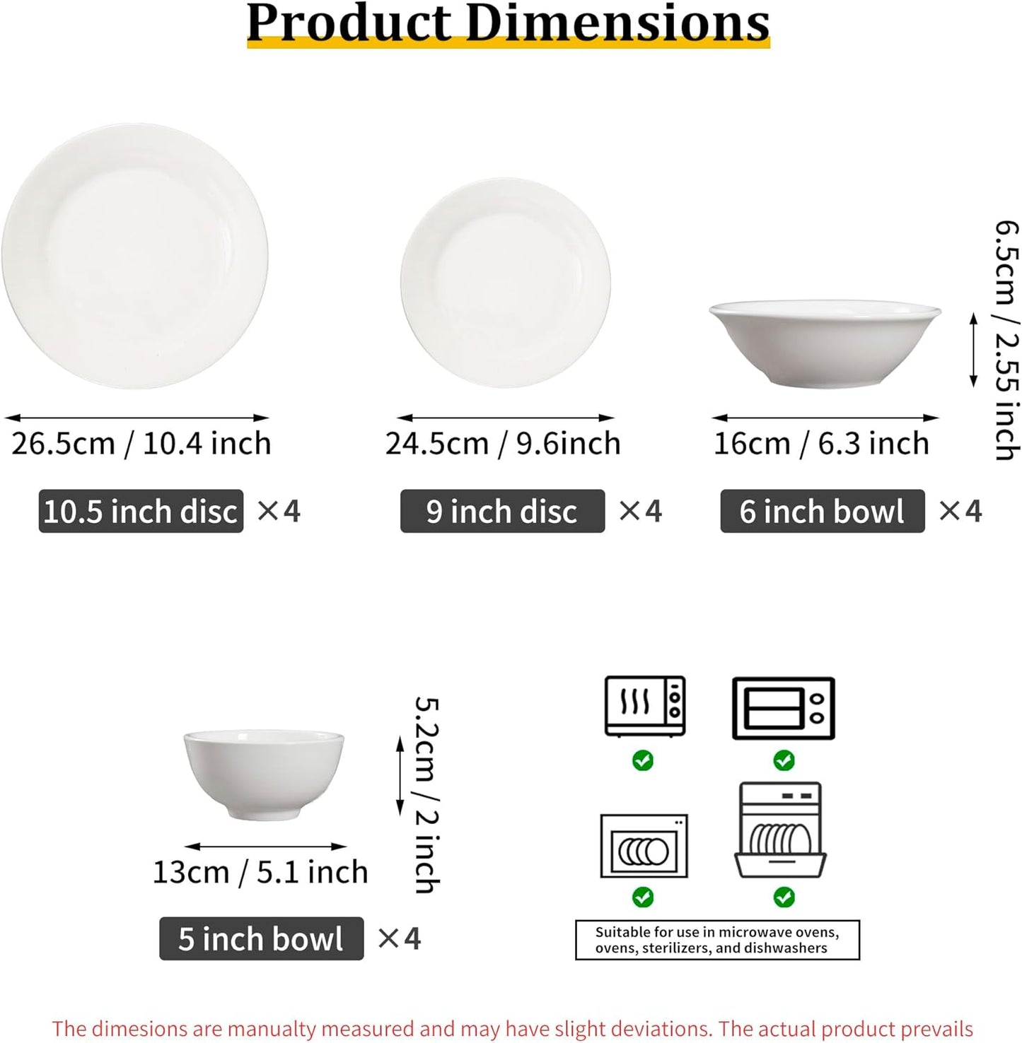 Techplus 16-Piece White Ceramic Dinnerware Set – 10.5 Inch & 9 Inch Plates, 6 Inch & 5 Inch Bowls – Microwave, Dishwasher, Oven Safe – Elegant Minimalist Tableware for Dining and Entertaining