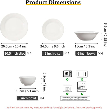 Techplus 16-Piece White Ceramic Dinnerware Set – 10.5 Inch & 9 Inch Plates, 6 Inch & 5 Inch Bowls – Microwave, Dishwasher, Oven Safe – Elegant Minimalist Tableware for Dining and Entertaining