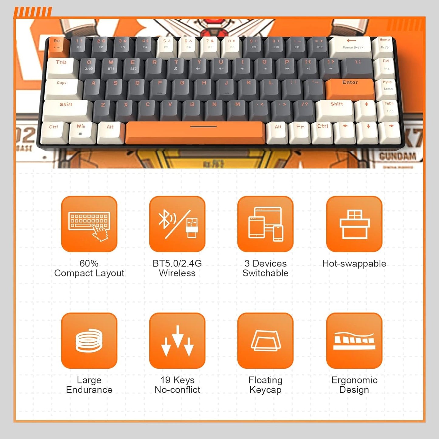 XVersion K68 Wireless Mechanical Keyboard, Bluetooth 5.0/2.4G 68-Key Hot Swappable Professional Keyboard with Keycap Puller, Blue Switch for Mac Windows - Milkshake Brown