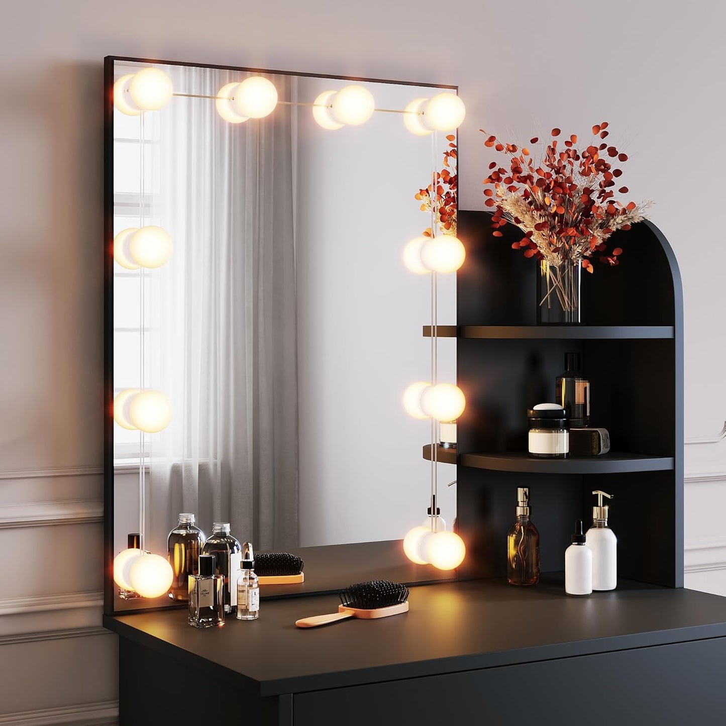 SONNI Dressing Table with LED Lighting and HD Mirror, with 10 Adjustable Brightness, 3 Colours, Dressing Tables with Drawers for Bedroom, 3 Open Compartments, Black, 70 x 40 x 140 cm