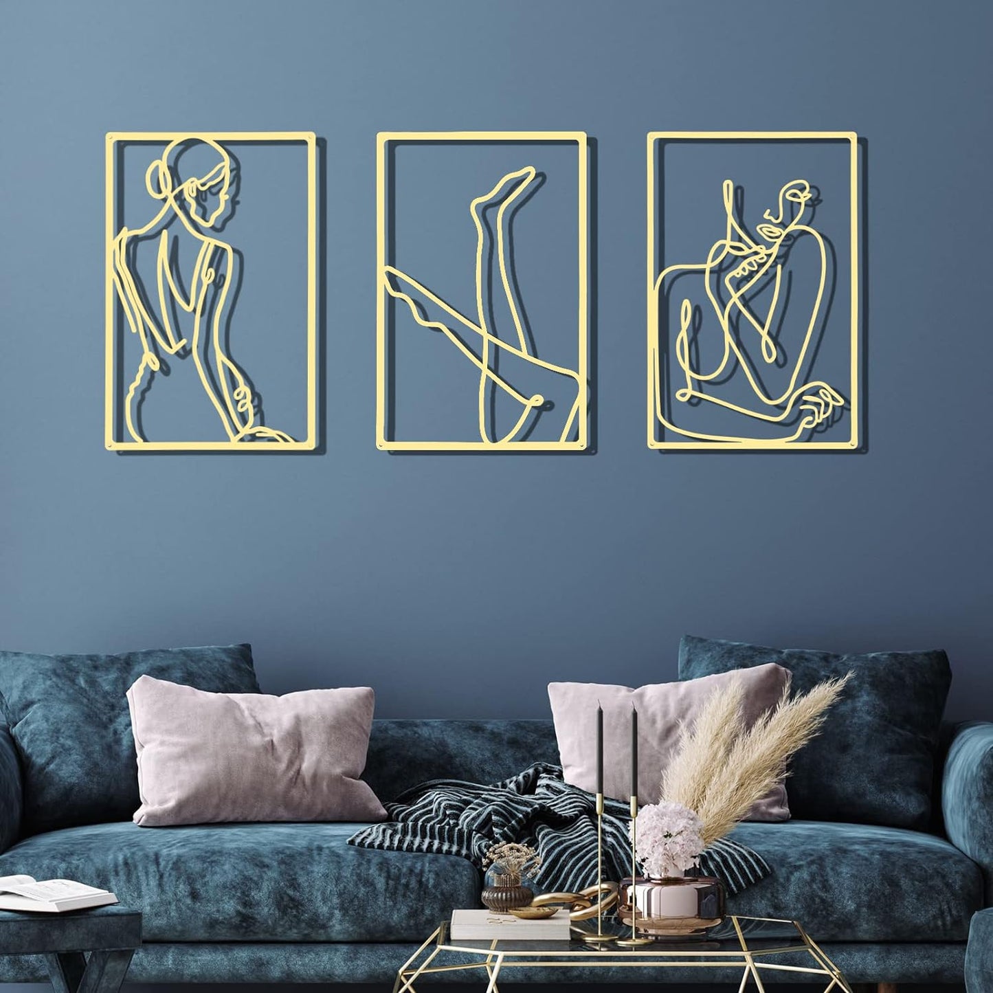 CHENGU 3 Pieces Metal Minimalist Abstract Woman Wall Art Line Drawing Wall Art Decor Single Line Female Home Hanging Wall Art Decor for Kitchen Bathroom Living Room (Black, Hand)