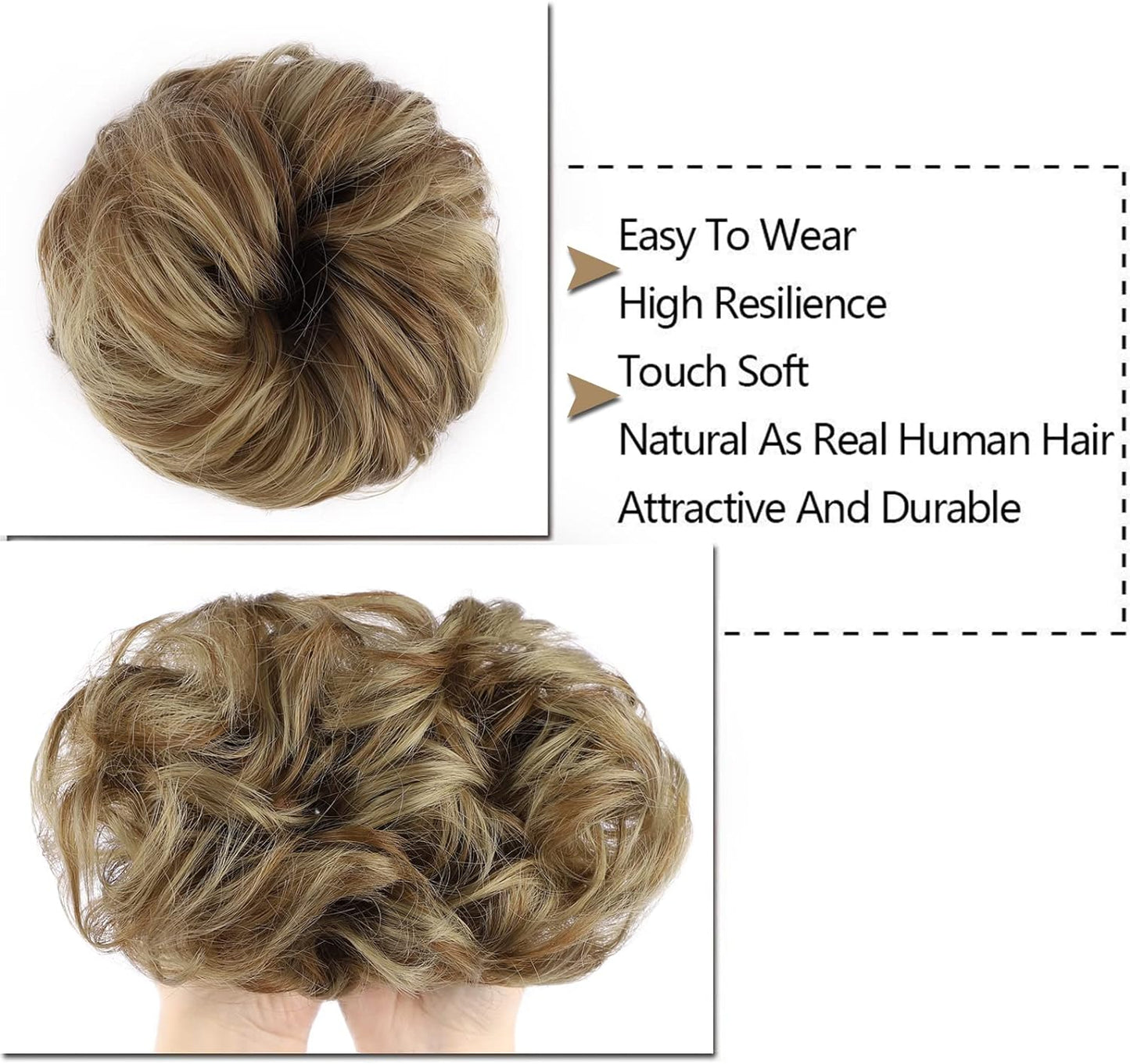 MORICA 1PCS Messy Hair Bun Hair Scrunchies Extension Curly Wavy Messy Synthetic Chignon for Women (12AH613(Light Golden Brown & Lightest Blonde))