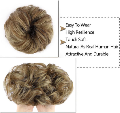 MORICA 1PCS Messy Hair Bun Hair Scrunchies Extension Curly Wavy Messy Synthetic Chignon for Women (12AH613(Light Golden Brown & Lightest Blonde))