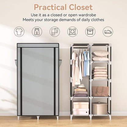 ROJASOP Portable Closet Wardrobe Closet for Hanging Clothes with 6 Storage Shelves, 1 Hanging Rod and 4 Pockets, Free Standing Closet Clothes Organizer for Bedroom, Sturdy and Easy Assemble