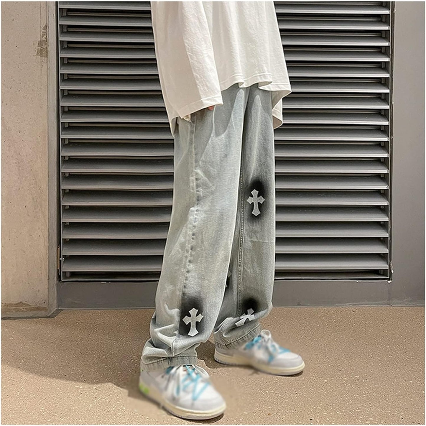 Men Jeans Baggy Straight Relaxed Cargo Work Pants With Pockets, Men's Loose Hip-hop Printed Baggy Denim Jeans