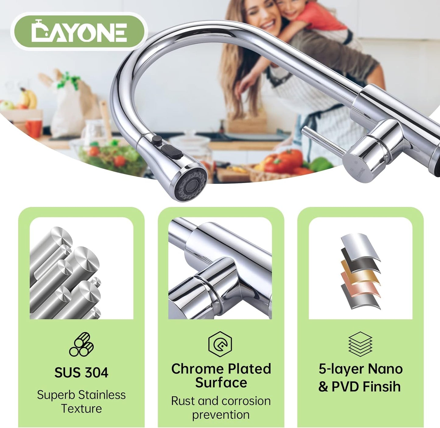 DAYONE Chrome Kitchen Faucet with Pull Down Sprayer, Single Handle Kitchen Mixer with 3 Water Modes Stainless Steel Kitchen Taps