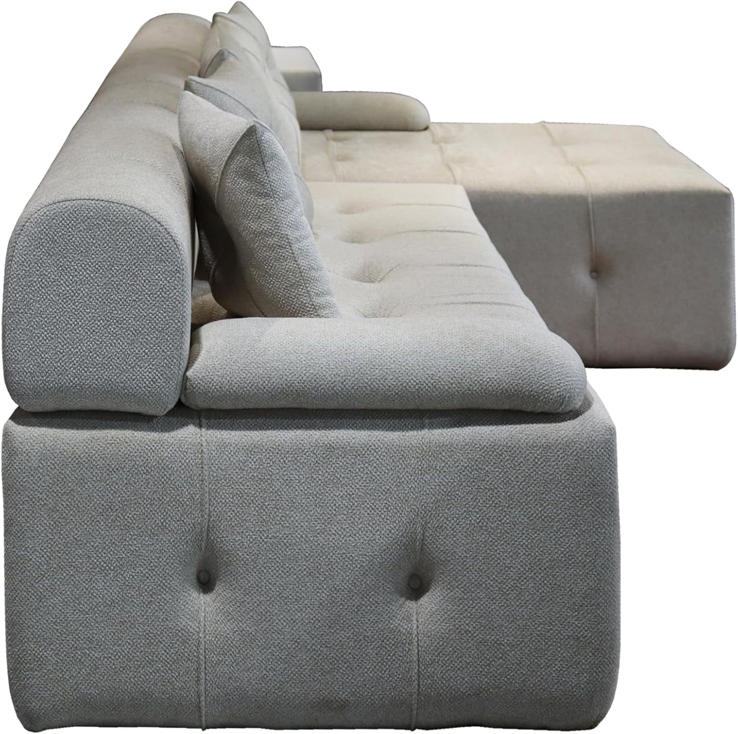 L-Shaped Sectional Sofa with Tufted Cushions, Beige Color