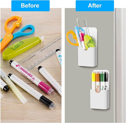 Magnetic Marker Holder, Pen Holder for Whiteboard or Fridge, Magnet Pencil Cup Storage Organizer for School, Office, Home, Locker and Metal Cabinets, 2 Pack (White)