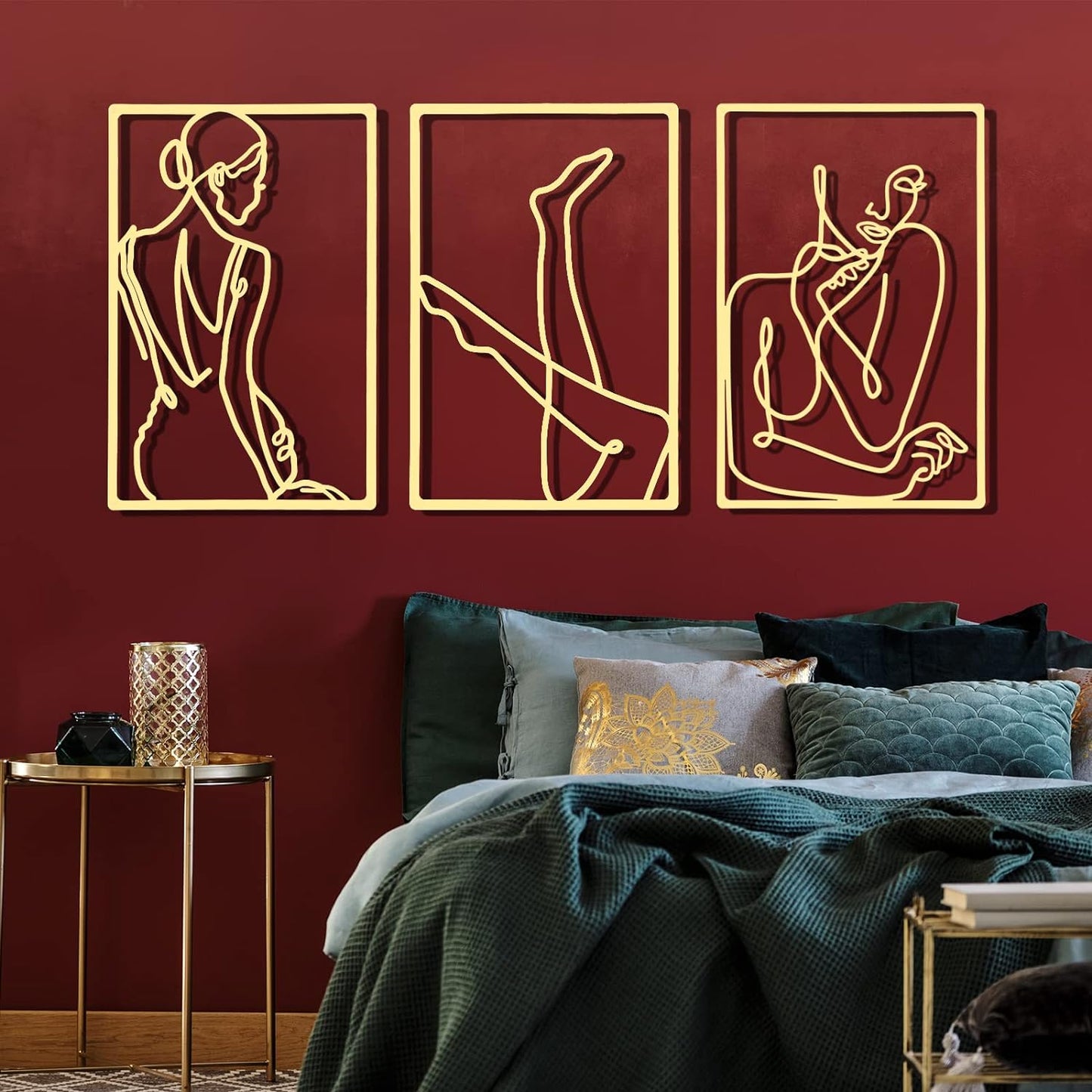 CHENGU 3 Pieces Metal Minimalist Abstract Woman Wall Art Line Drawing Wall Art Decor Single Line Female Home Hanging Wall Art Decor for Kitchen Bathroom Living Room (Black, Hand)