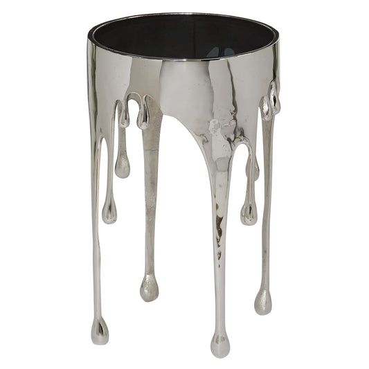 Deco 79 Aluminum Drip Accent Table with Melting Designed Legs and Shaded Glass Top, 16" x 16" x 24", Silver